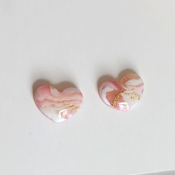 Boho Girly Dainty Mini Pink White Gold Agate Puffy Heart Studs Earrings - Picture 5 of 9